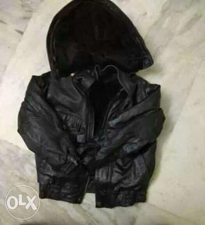 Black Leather Zip-up Hooded Jacket