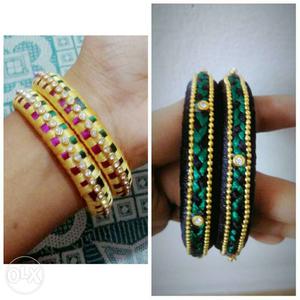 Black-yellow-green Silk Thread Bangles and yellow bangles