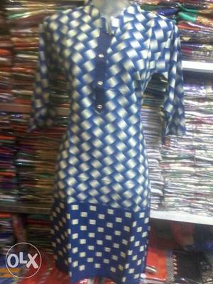 Blue And White Harlequin Long-sleeve Dress