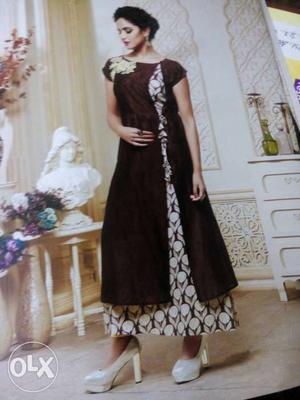 Brown And White Scoop-neck Cap-sleeved Dress