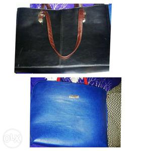 (COMBO)Black leather and blue shimmer tote.