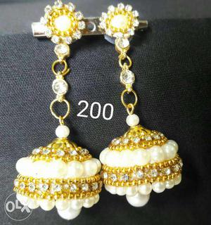 Diamond And Pearl Embellished Gold Dangle Earrings