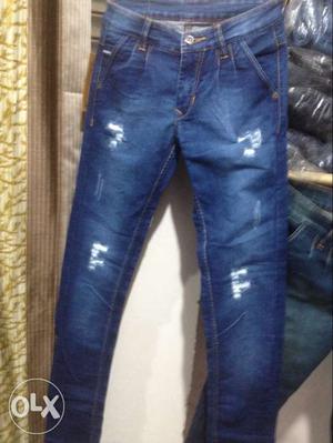 Distressed Blue-washed Jeans