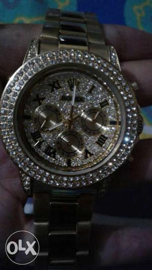 Embellished Diamond Round Silver Chronograph Watch With