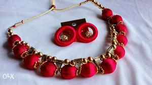 Gold And Red Necklace And Pair Of Red Earrings