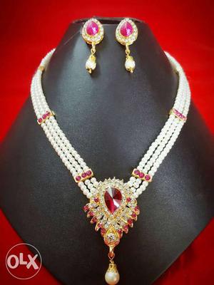 Gold Ruby Necklace With Pair Of Earrings Set
