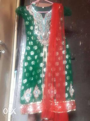 Green,red, And Silver Kameez