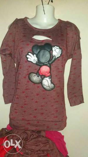 Maroon And Black Mickey Mouse Printed 3/4 Sleeve Top
