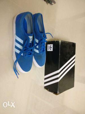 Pair Of Blue-and-white Adidas Low-top Sneakers With Box