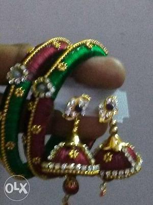 Pair Of Gold Jhumkas And Two Bangles