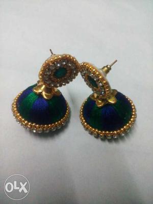 Pair Of Purple-green-and-yellow Dangling Earrings