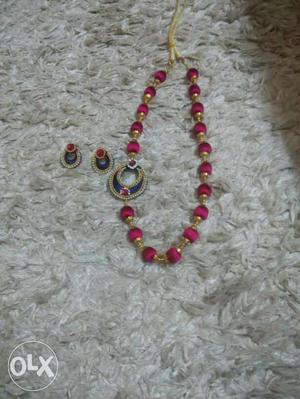 Pink And Brown Beaded Necklace And Earrings