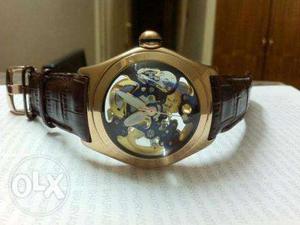 Round Black And Brown Mechanical Watch With Black Leather