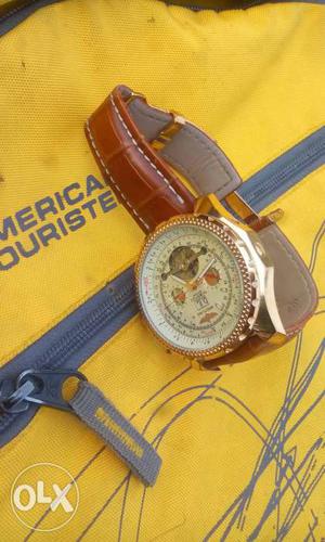 Round Chronograph Gold Watch Brown Leather Strap