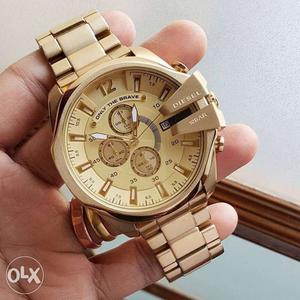 Round Gold Diesel Chronograph Watch With Gold Chain-link