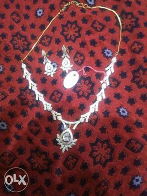 Silver And Gold Chain Necklace With Pair Of Earrigns