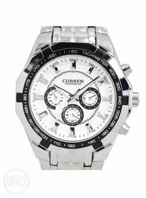 White Curren Chronograph Watch With Silver Link Strap