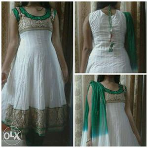 White and green anarkali dress with green salwar