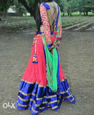 Women's Red And Blue Long-sleeved Dress