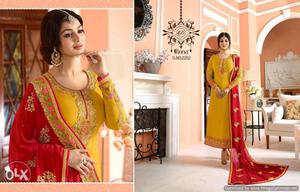 Women's Red And Yellow Long-sleeved Suit