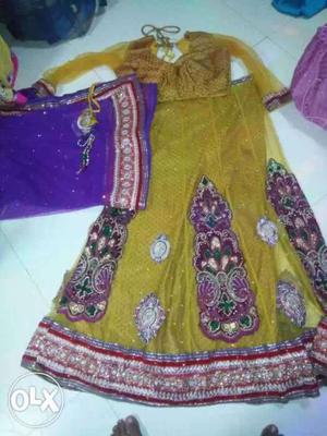 Women's Yellow, Purple, Green And Gray Sari