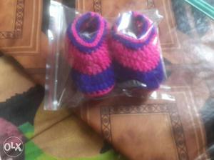 Baby's Pair Of Pink-and-blue Knitted Shoes