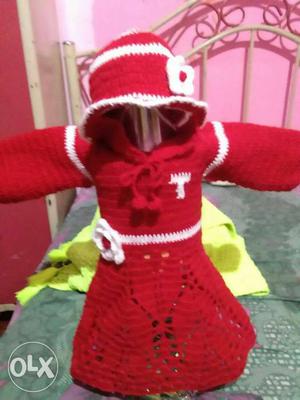 Crochet Red And White Coat With Cap