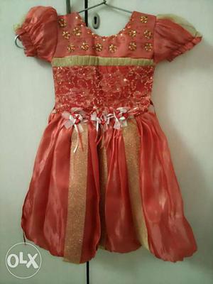 Girl's Red And Golden frock