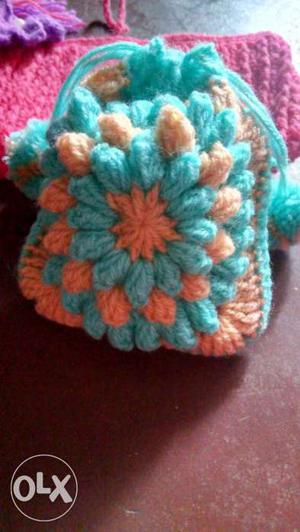 Knitted Teal And Pink Floral Pouch