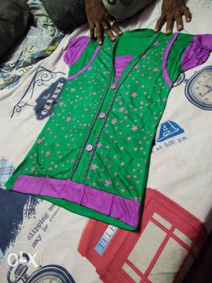 Purple And Green Floral Insert-neckline Shirt