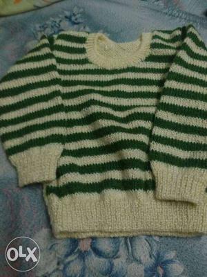 Toddler's Beige And Green Striped Sweater