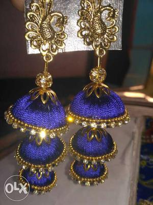 Blue And Gold Jhumkas Chandelier Earrings