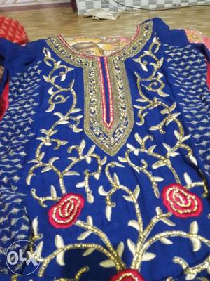 Blue, Red, And Gold-colored Floral Asian Traditional Dress