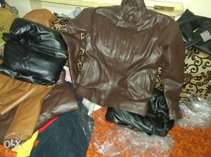 Brown Leather Zip-up Jacke T