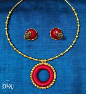 Gold-and-red Silk Thread Necklace And Jhumkas
