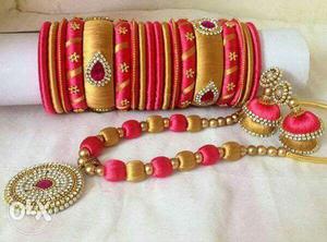 GoldAnd Pink Silk Thread Bangles and necklace set