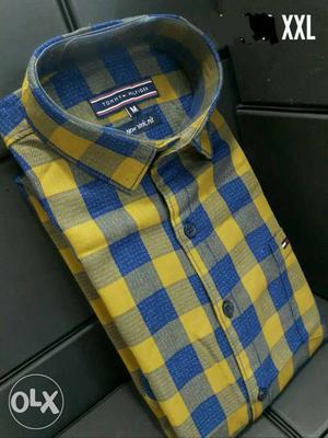 Men's Blue, Gray And Yellow Checkered Dress Shirt