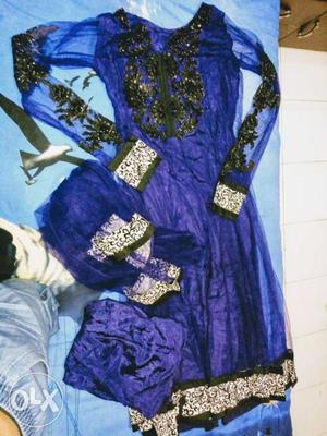 Net-sleeves Blue And Black Salwar Kameez with Dupatta