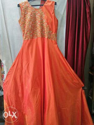 Orange And Brown Floral Sleeveless Gown