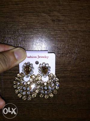 Pair Of Gold Fashion Jewelry Encrusted Diamond Earrings