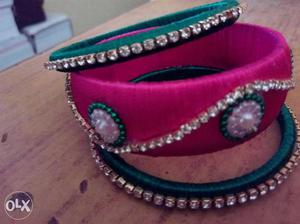 Pink And Teal Silk Tread Bangles