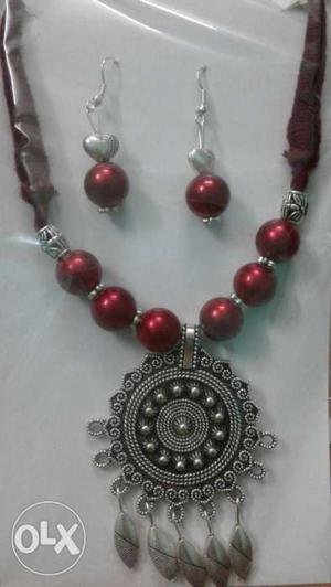 Red And Silver Necklace And Earrings