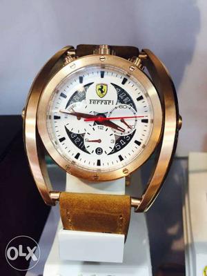 Round Gold Chronograph Ferrari Watch With Brown Leather