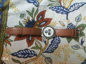 Round Silver And Black Chronograph Watch With Brown Leather