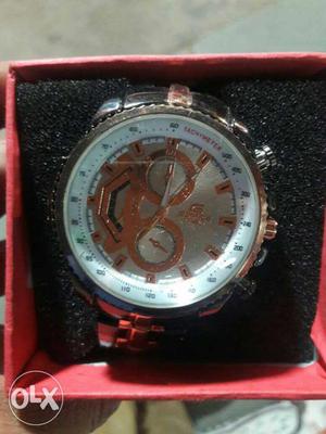 Round Silver Skeleton Watch With Silver Link Band In Box