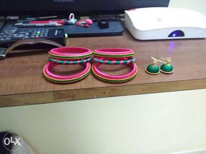 Six Pink Silk Thread Bangles And Pair Of Jhumka Earrings
