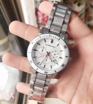 White Burberry Chronograph Watch With Silver Bracelet