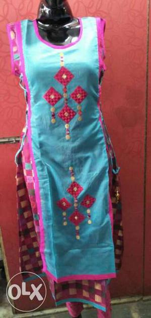 Women's Blue, Red And Pink Sleeveless Dress
