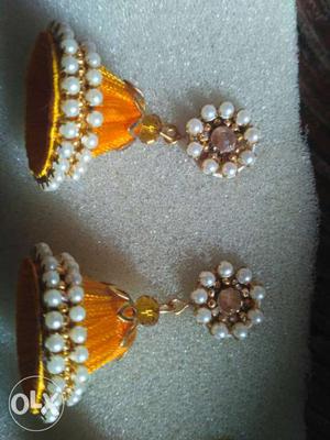 Women's Pair Of Orange Silk Thread Jhumkas