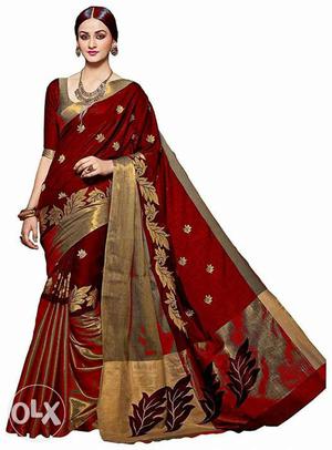 Women's Red And Gray Floral Sari